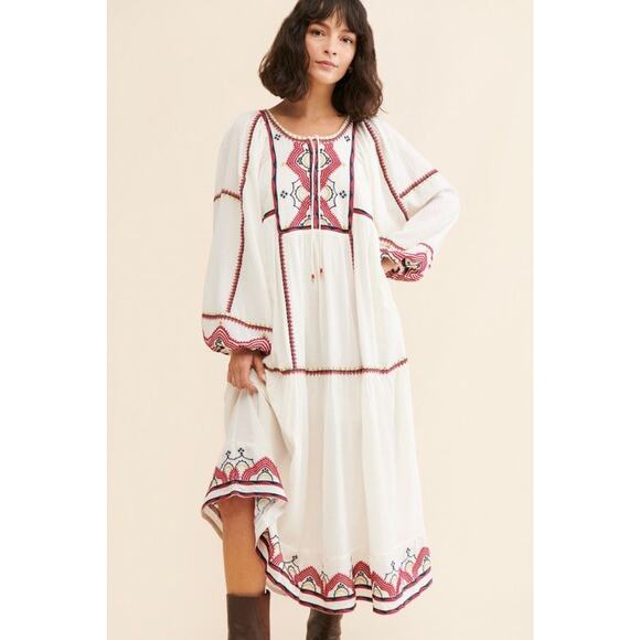 New FREE PEOPLE Sweet Escape Midi Dress $198 MEDIUM Ivory Boho Embroidered - Picture 1 of 9